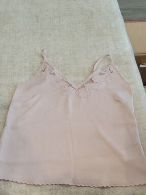 Pink Express Tank Top With Lace Trim And Scalloped Edges, Adjustable Straps
